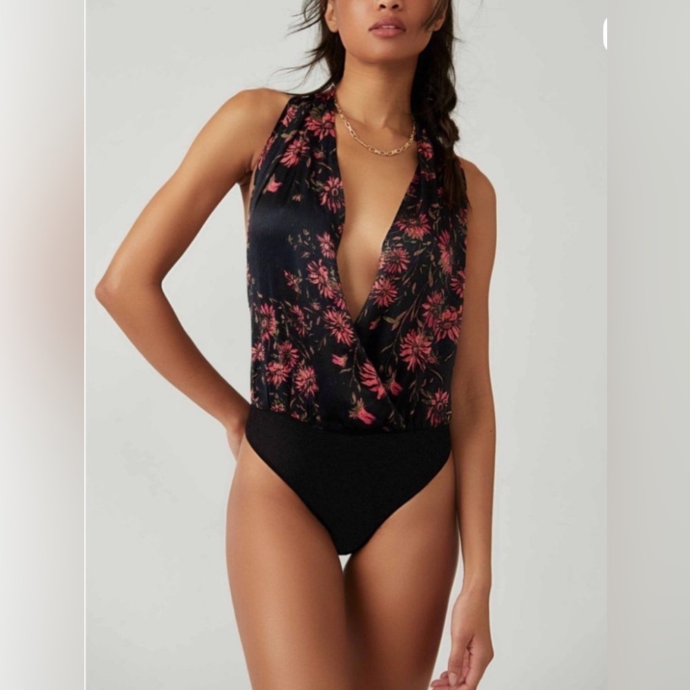 Free People There She Goes Floral Halter Bodysuit NWT L Summer BoHo Festival